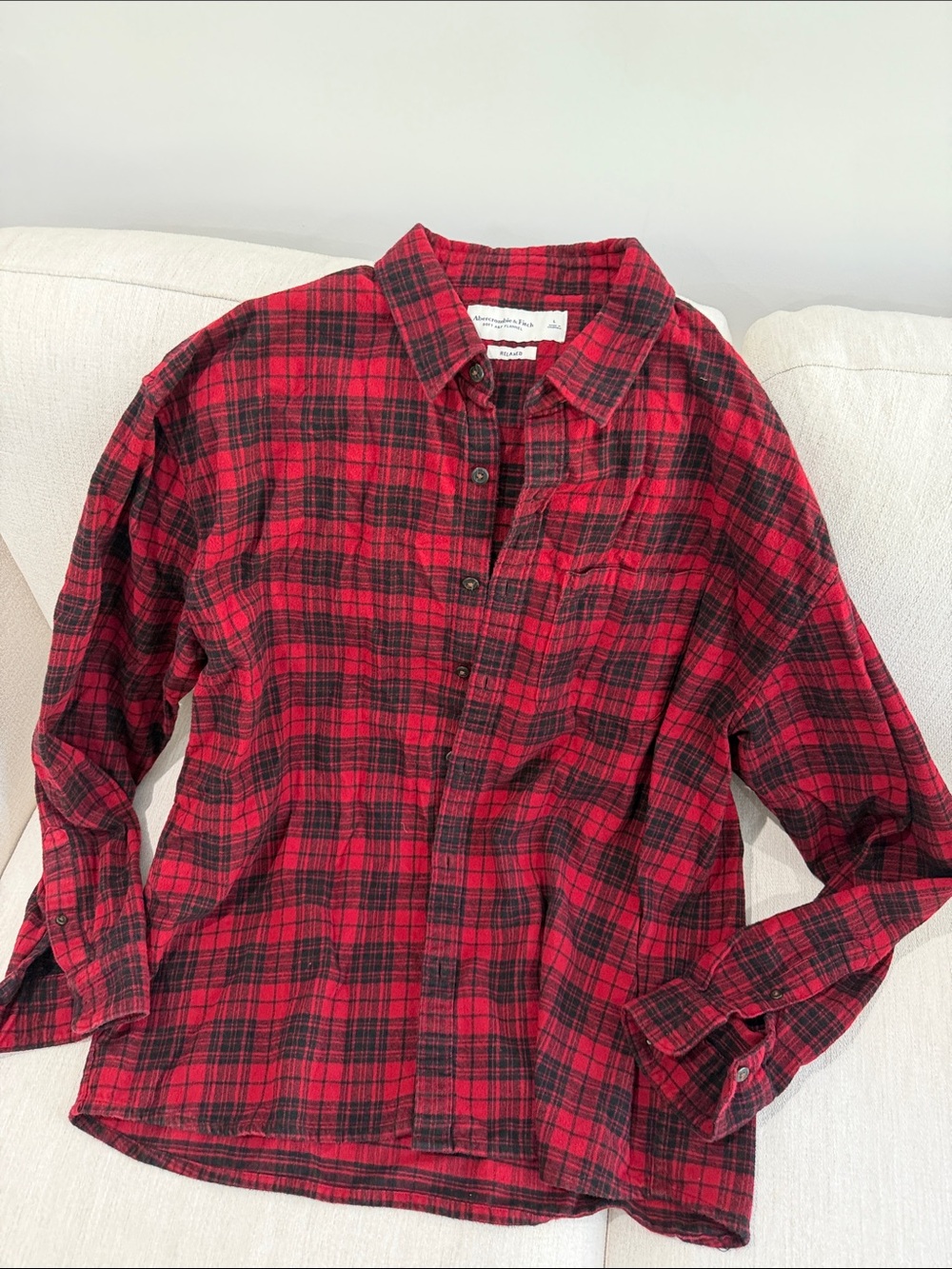 Abercrombie & Fitch Red and Black Plaid Cotton Button-Down Shirt